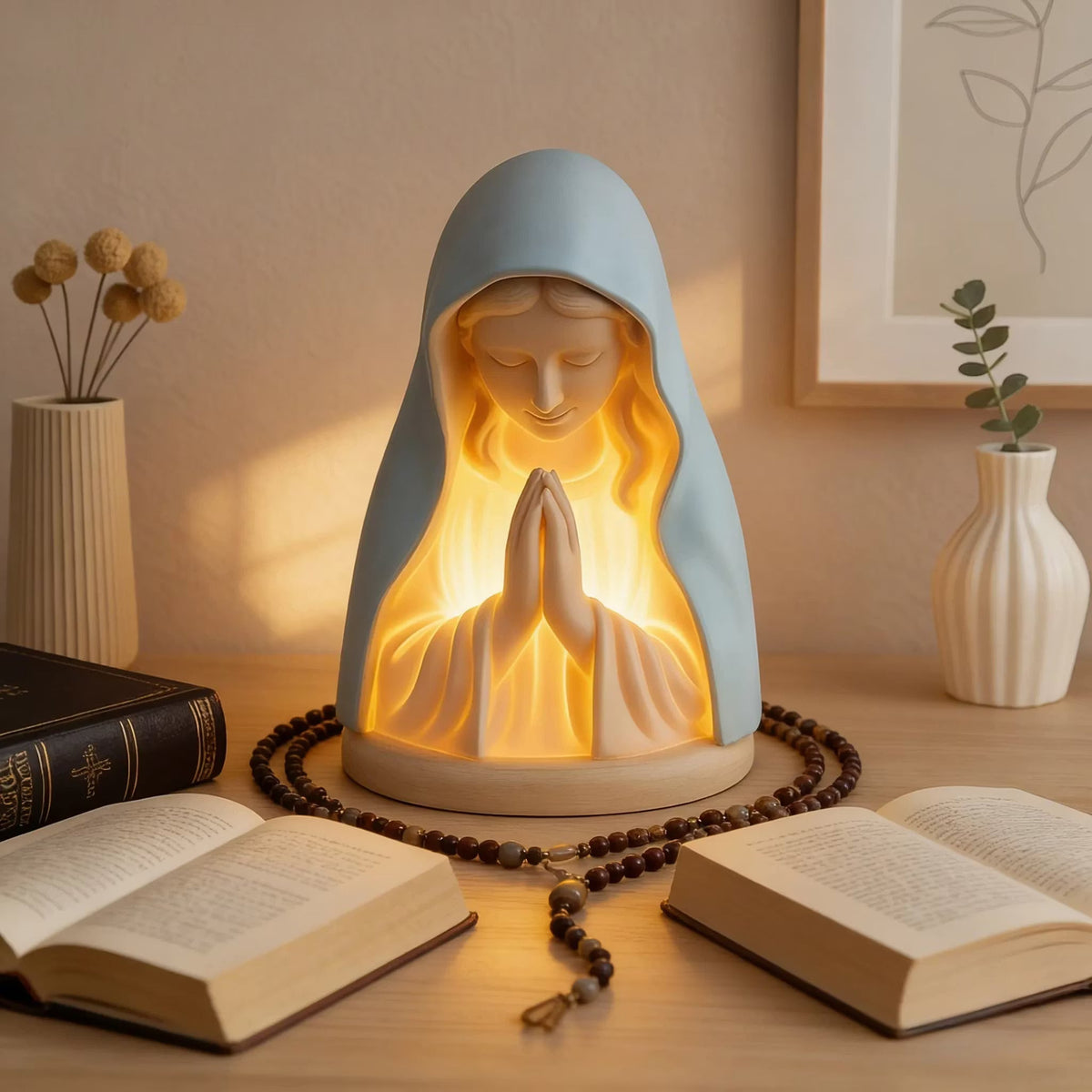 ✝️ Kézzel készített gyantából készült éjjeli lámpa, amely Szűz Máriát ábrázol – a béke és a védelem gyengéd ragyogása