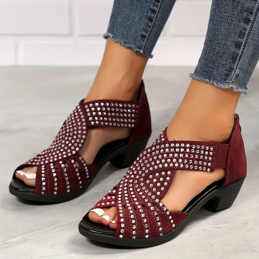 【36-43】🔥2025 Hot Sale💎 Kristályos női bőr szandál tavaszra és nyárra kereszttel masszív sarkon