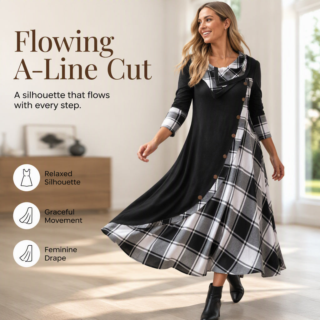 👗 Női Kockás Patchwork Garbós Maxiruha – Elegáns Őszi Hosszú Ruha & Meleg Viselet